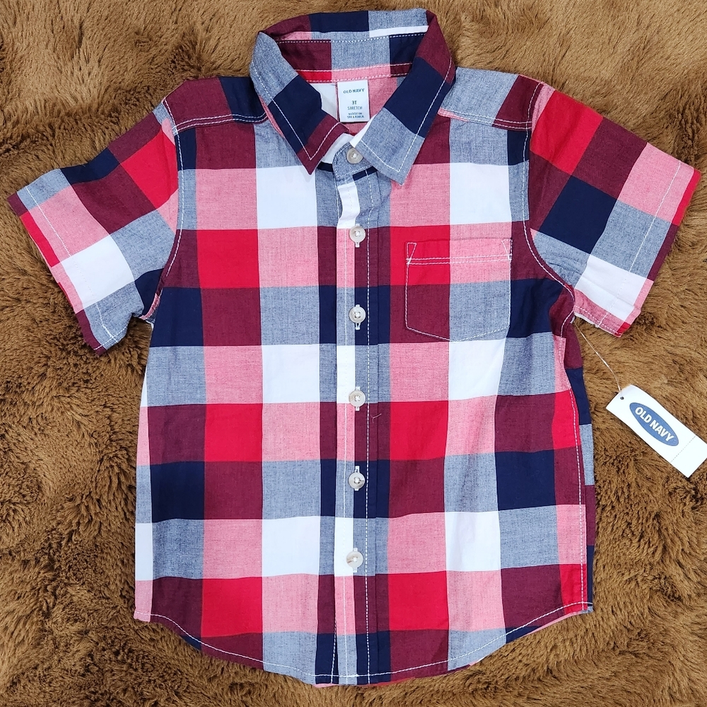🆕️ Old Navy, 3T Boys, Plaid Button Down Short Sleeve Shirt,Red, White, and Blue